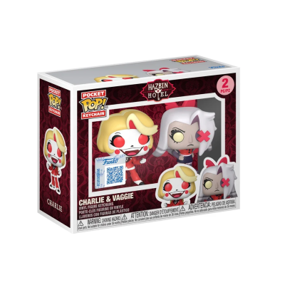 Caixa Funko Pop Pocket com figuras de vinil dos personagens Charlie e Vaggie de Hazbin Hotel