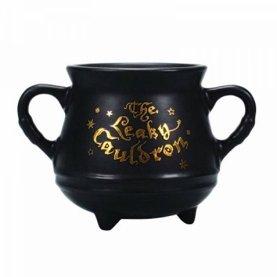 Caldeirão preto com texto dourado 'The Leaky Cauldron' e estrelas.