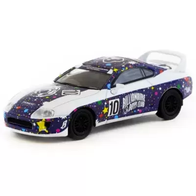 Miniatura de carro desportivo branco e azul com decorações coloridas