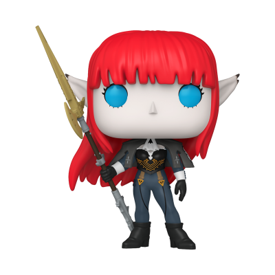 Boneco Funko Pop com cabelo vermelho, olhos azuis, roupa detalhada e lança dourada