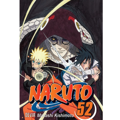Capa do manga Naruto volume 52 com três personagens e texto colorido