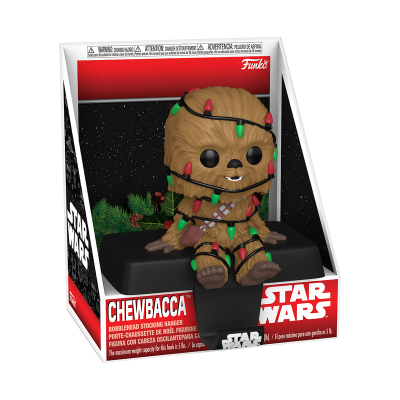 Figura Funko Pop Chewbacca da Star Wars com luzes de Natal em embalagem