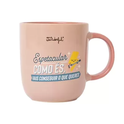 Caneca rosa com texto motivacional em português e desenho de raio amarelo com guitarra