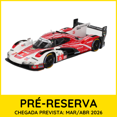 Modelo de carro de corrida Porsche 963 branco, vermelho e preto com número 6 e patrocinadores