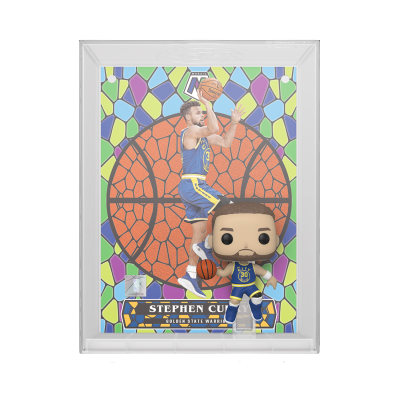Figura colecionável Funko Pop do jogador Stephen Curry em exibição com fundo decorativo colorido de basquetebol