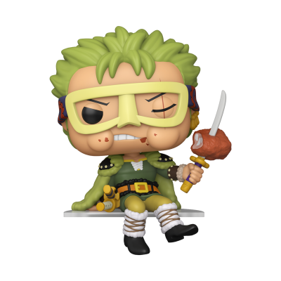 Figura de vinil estilo Funko Pop com cabelo verde e óculos amarelos segurando espada com carne