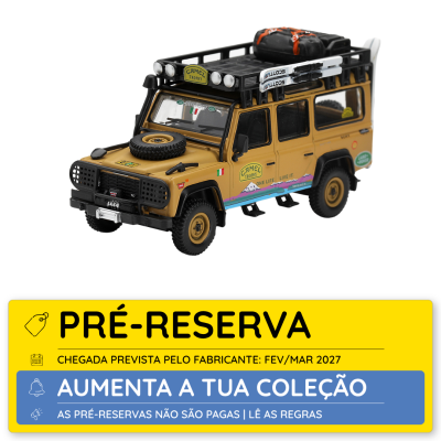 Miniatura de Land Rover Defender castanho com acessórios e texto de pré-reserva