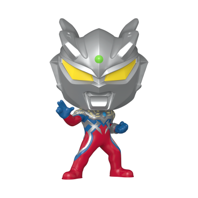 Figura de ação com capacete prateado, olhos amarelos e fato vermelho azul prateado