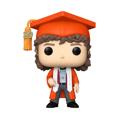 Figura Funko Pop vestida com traje de formatura laranja e acessórios.