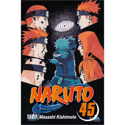 Capa do mangá Naruto volume 45 com personagens e título em laranja no fundo preto
