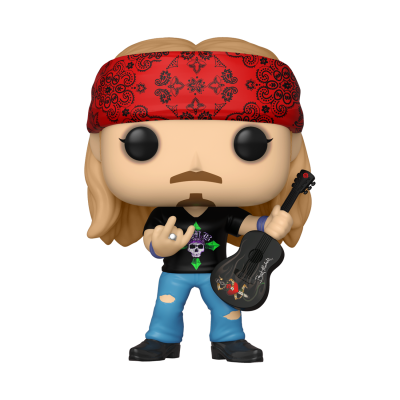 Figura Funko Pop homem loiro com bandana vermelha, guitarra preta e roupa casual