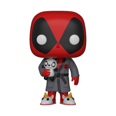Funko Pop de Deadpool com robe, chinelos de unicórnio e segurando um panda de pelúcia