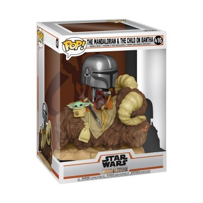 Figura POP do Mandaloriano e a Criança no Bantha na embalagem