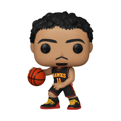 Figura colecionável de jogador de basquete vestido com uniforme Hawks preto, segurando uma bola.