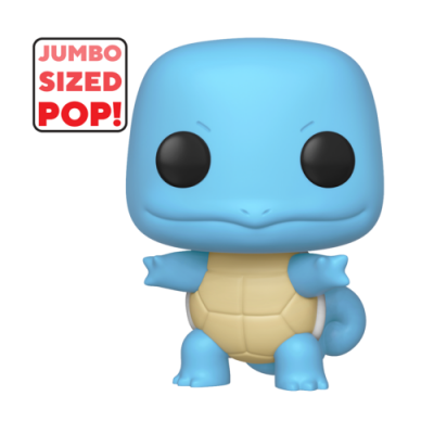 Figura Funko Pop azul de Pokémon Squirtle com carapaça amarela e texto ao lado.