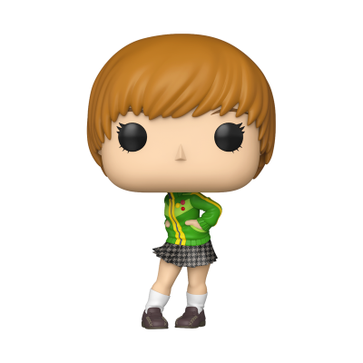 Figura colecionável Funko Pop com roupa verde e saia aos quadrados.