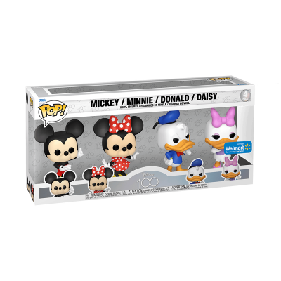 Conjunto de figuras Funko Pop de Mickey, Minnie, Donald e Daisy numa caixa