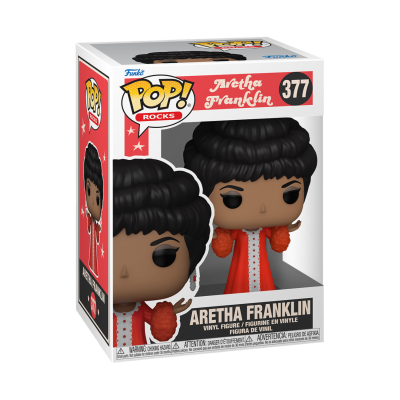 Figura Funko Pop! Aretha Franklin nº 377 com casaco vermelho na embalagem