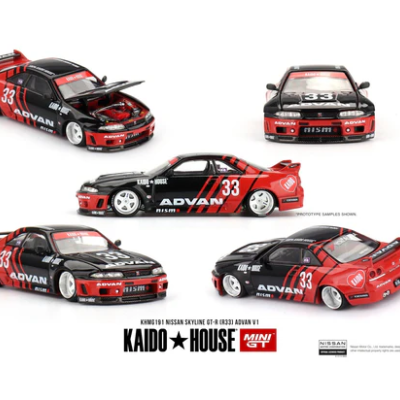 Miniaturas Nissan Skyline GT-R R33 ADVAN preto e vermelho com número 33 e logos