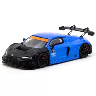 Miniatura de carro desportivo Audi em azul e preto com asa traseira grande