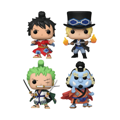 Quatro figuras Funko Pop de personagens de anime com detalhes coloridos e acessórios distintos