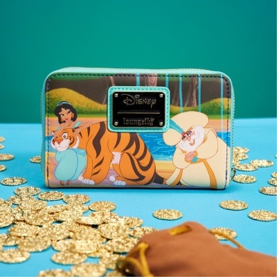 Carteira Disney Loungefly com personagens do Aladdin e moedas douradas ao redor