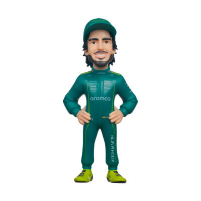 Figurina de piloto em fato de corrida verde escuro com boné e sapatos amarelos