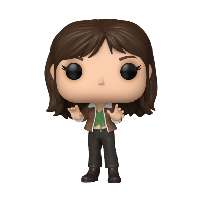 Funko Pop de personagem com cabelo castanho, casaco castanho, camisa verde e calças pretas.