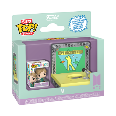 Figura Funko Pop! Bitty Stages BTS V Dynamite com microfone em palco em embalagem colorida.