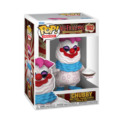 Figura Funko Pop! Chubby do Killer Klowns from Outer Space com cabelo cor-de-rosa e corpo branco com padrão lilás.