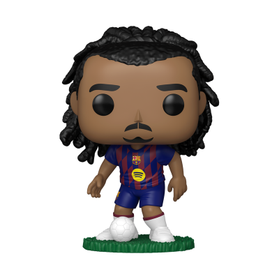 Boneco Funko Pop de jogador de futebol do FC Barcelona com bola branca sobre base verde