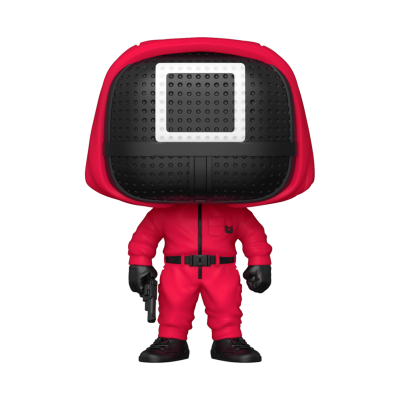 Figura colecionável com fato vermelho e máscara preta com quadrado branco