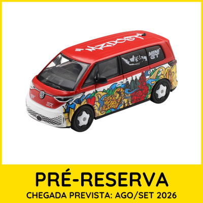 Miniatura de carrinha Volkswagen com grafites coloridos e texto MINI GT.