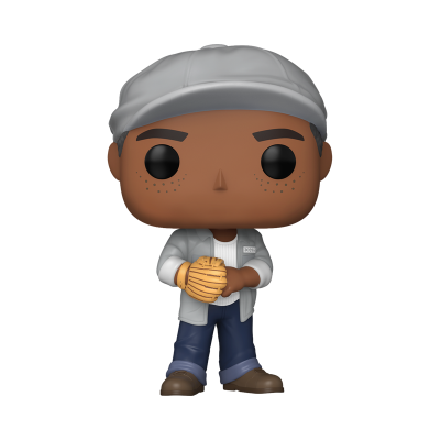 Boneco Funko Pop de personagem masculino com roupa cinzenta e azul e luvas bege