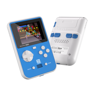 Consola portátil de videojogos azul e branca com botões e ecrã a cores.