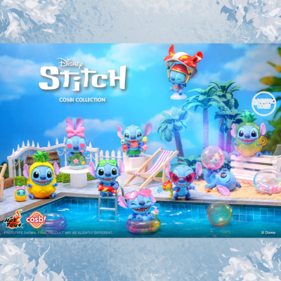 Figuras colecionáveis Stitch da Disney com piscina e palmeiras no fundo