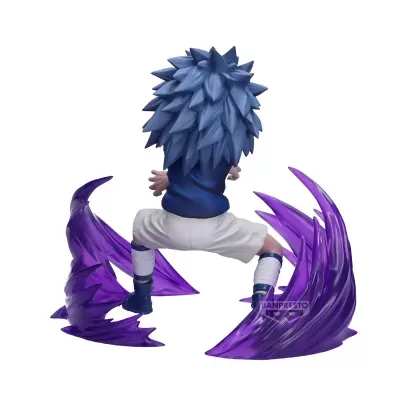 Figura colecionável de personagem com cabelo azul e efeitos roxos ao redor