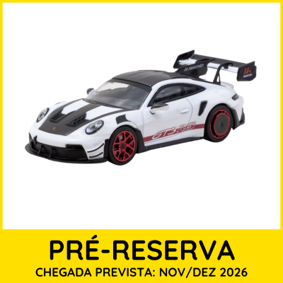 Miniatura de carro desportivo branco e preto com rodas vermelhas e texto GT3 RS nas portas.