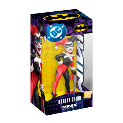 Figura colecionável Harley Quinn DC Comics em embalagem com logos DC e Batman