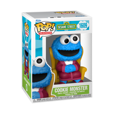 Figura de vinil COOKIE MONSTER de Sesame Street sentado numa cadeira amarela na caixa POP! Television