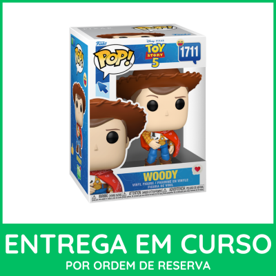 Figura de vinil POP! do Woody do Toy Story 5 na caixa com fundo branco e azul