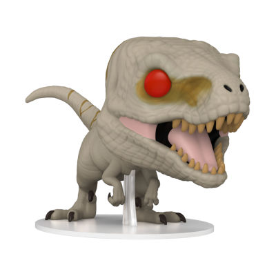 Figurina Funko Pop de dinossauro T-Rex com olhos vermelhos e base branca