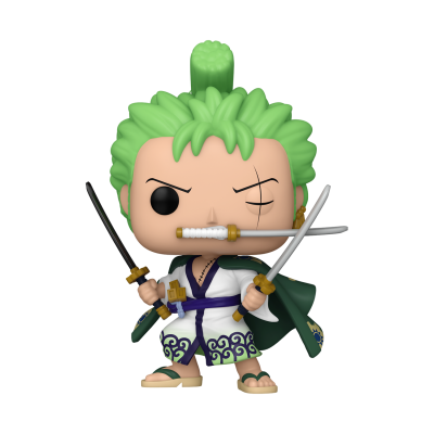 Figura coleccionável Funko Pop de personagem com cabelo verde e três espadas