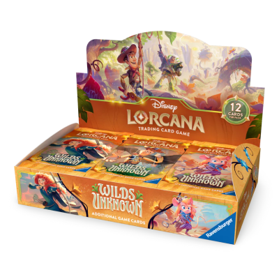 Expositor de cartas Disney Lorcana Wilds Unknown com ilustrações coloridas e textos