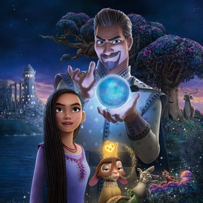 Personagens animados com esfera azul brilhante, árvores roxas e castelo à noite