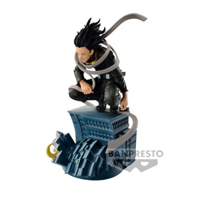 Figura colecionável de personagem masculino com cabelo preto e base de edifício destruído