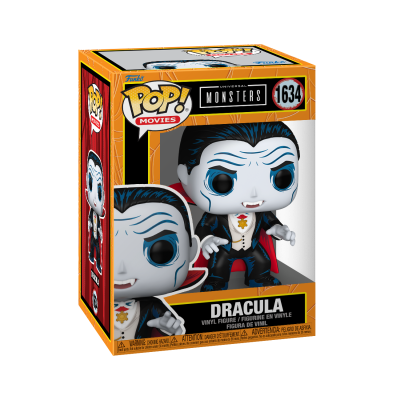 Funko Pop! Drácula vinil na caixa amarela e vermelha com texto POP! MOVIES, UNIVERSAL MONSTERS e DRACULA