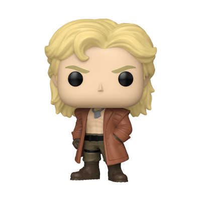 Figura colecionável Funko Pop com cabelo loiro e casaco castanho