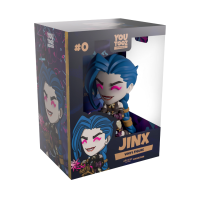 Figura vinilica Jinx com cabelo azul na caixa de embalagem
