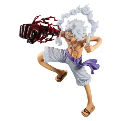 Figurine de personagem com cabelo branco e punho gigante vermelho em pose dinâmica.